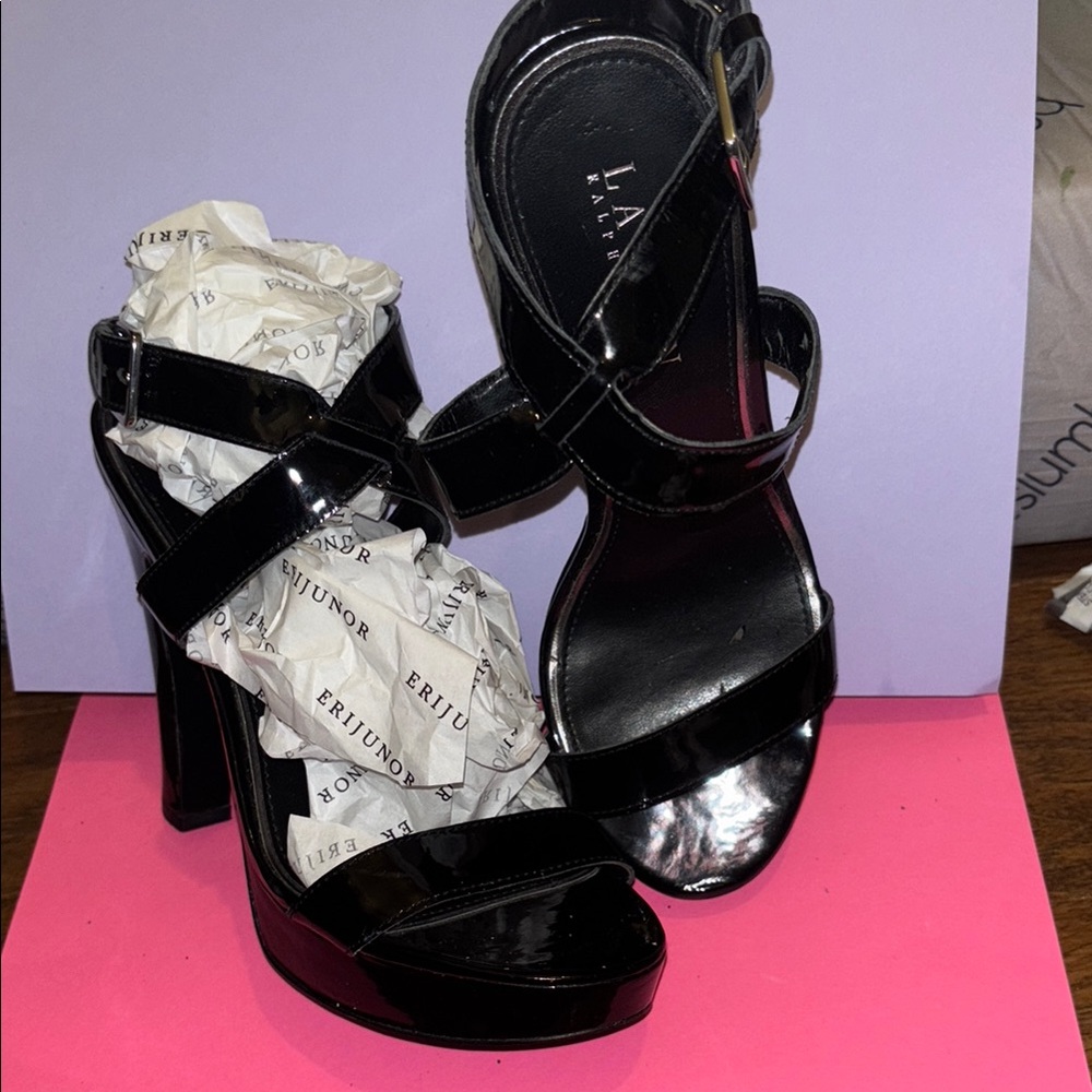 EUC Lauren Ralph Lauren Black Patent Leather Heels with Strap Around Ankle - Picture 2 of 7